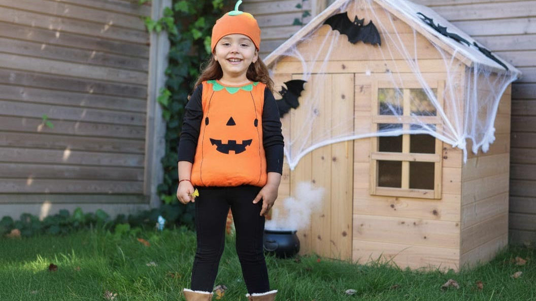 A child dressed as a pumkin for Halloween in from of her decorated playhouse