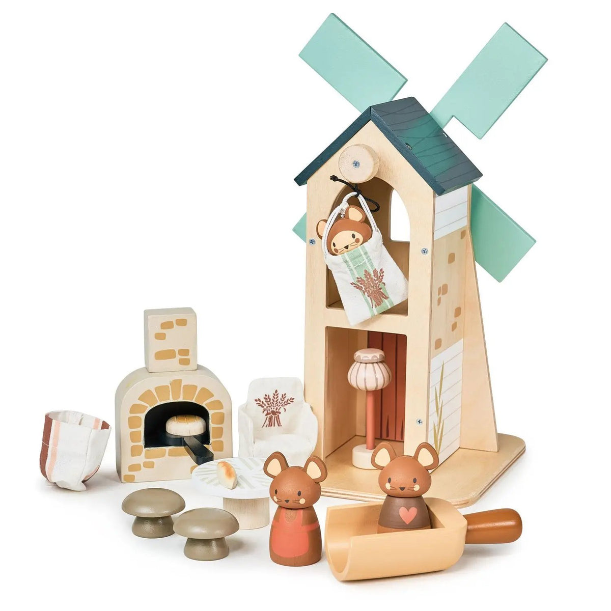 Wooden toy set with a windmill, oven, and mice figures on a white background
